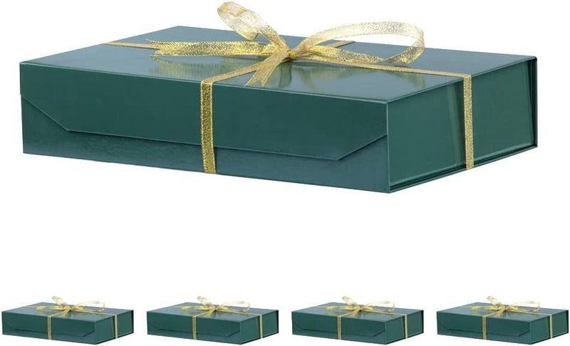 PACKGILO 5 Pack Green Gift Boxes with Lids - Small 12 x 8 x 2.7 Inches Clothes Gift Boxes for Presents and Shirts - Magnetic Boxes with Ribbon - Bulk Cute Packaging Boxes (Glossy Surface) - Image 1
